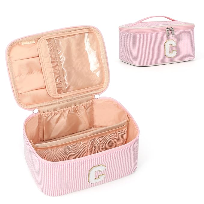 OCHEAL Makeup Bag for Women, Monogram Cosmetic Bag with Brush Holder, Pink Travel Makeup Case Beauty Toiletry Bag Organizer Personalized Gifts for Girls Bridesmaid, Sister, Wife, Friends Initial C
