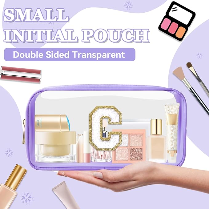 Small Clear Personalized Initial Makeup Bag,Nylon Preppy A-Z Chenille Letter Patch Cosmetic Pouch Beach Toiletry Bag,Waterproof Zip Travel Purse Storage Bag Organizer for Women Girls(Purple-White C)