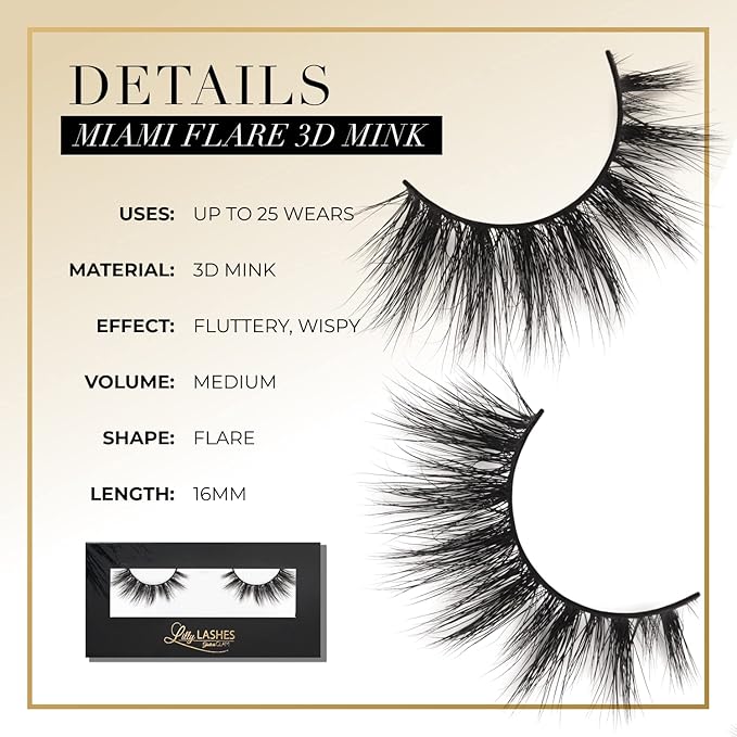 Lilly Lashes Miami Flare 3D Mink Lashes, Mink Eyelashes, The Original Lilly Lash For Wispy & Natural Look, Reusable Eyelashes up to 25x, Fluffy Lashes, Strip Lashes, Lash Glue not Included