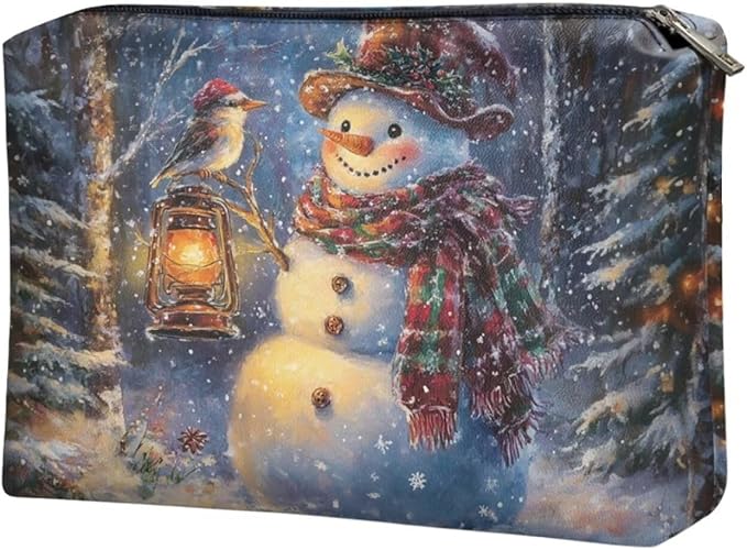 COEQINE Snowman Purse Organizer Pouches Makeup Brush Pouch for Women Travel Cute Cosmetic Bag with Zipper Small Lipstick Storage Toiletry Bags for Holiday Christmas Birthday Gifts