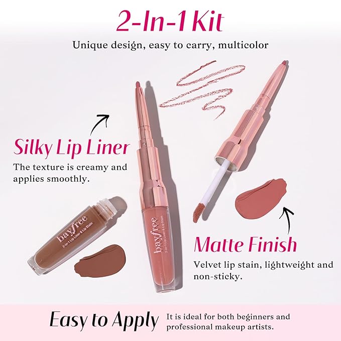 bayfree 2 PCS Lip Liner and Lip Stain Combo Set, High Pigmented Long Lasting Velvet Lip Tint, Well-Defined Lipliner, Weightless Waterproof Not Animal Tested, Matte Finish Makeup