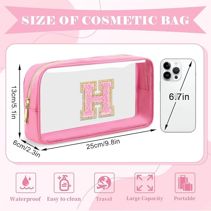Personalized Initial Letter Clear Makeup Bag,Preppy Small Nylon&PVC Cosmetic Zipper Bag with Chenille Letter,Portable Beach Travel Skincare Toiletry Bag,Trendy Monogram Gift for Teen Girls Women,H