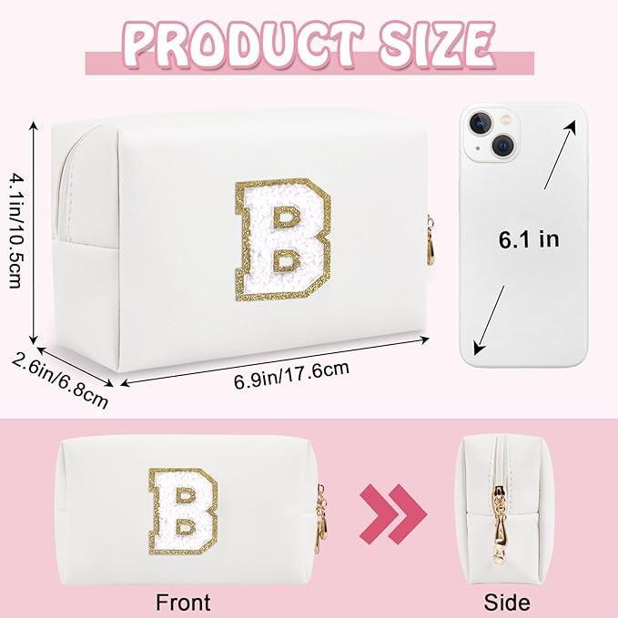Small Initial Preppy Makeup Bag Organizer, White Cute Chenille Letter Cosmetic Zipper Pouch Toiletry Bags for Traveling, Waterproof PU Makeup Pouch Personalized Gifts for Bride Bridesmaid(Letter B)