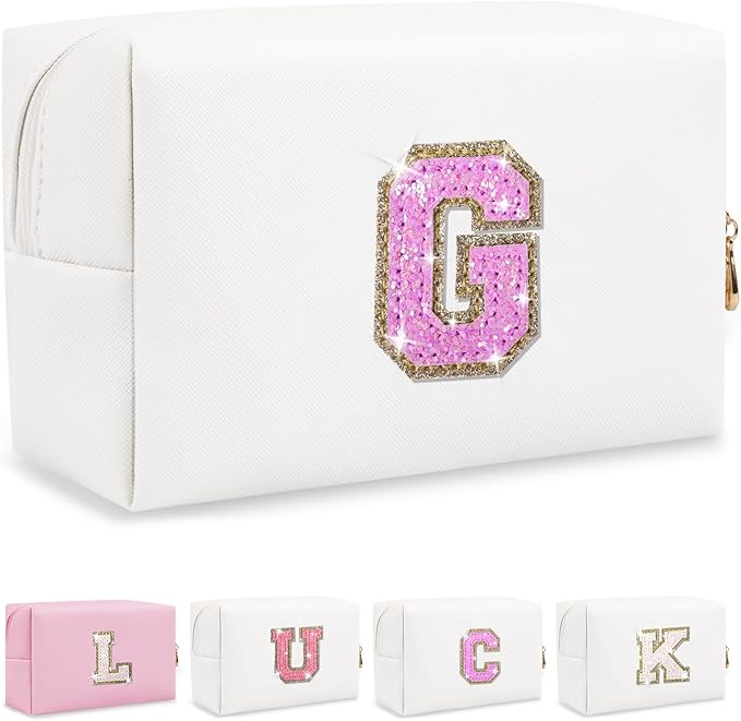 Initial Letter Patch Makeup Bag, Preppy Glitter Pouch Cosmetic Bag, Small PU Travel Toiletry Bag Zipper, Personalized Monogrammed Gift for Friends, Sister, Cute Stuff for Women, Teen Girls