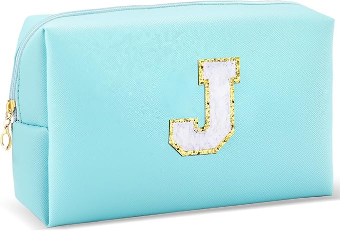 Gifts for Girls Initial Makeup Bag Personalized Cosmetic Bag with Zipper Cute Travel Toiletry Bag Waterproof PU Preppy Makeup Pouch Birthday Gift for Teen Girls Women(Blue J)