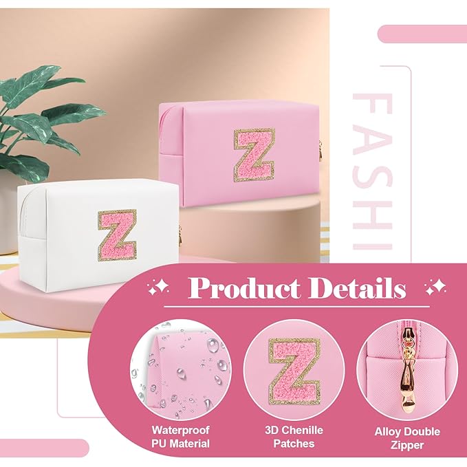 Personalized Initial A-Z Preppy Patch Makeup Bag,Small PU Leather Chenille Letter Cosmetic Bag with Zipper for Teen Girls,Pink Cute Travel Toiletry Bag,Birthday Monogrammed Gift for Daughter,Letter Z