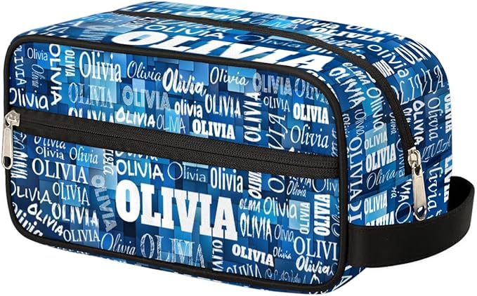 Custom Name Makeup Bag Travel Bag, Toiletry Bag Travel Large Capacity Cosmetic Container Organizer for Shampoo, Blue Geometric Pattern