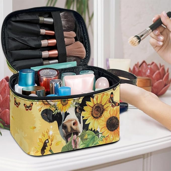 Cute Sunflower Cow Print Travel Makeup Bag for Women Yellow Large Capacity Cosmetic Bag with Zipper and Handle Portable Brushes Case Toiletry Bag Make Up Organizers and Storage Bags
