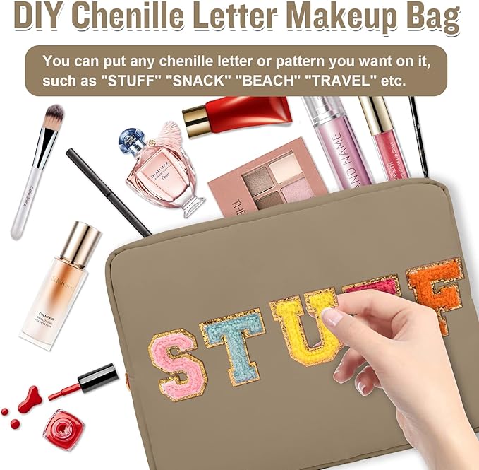 Nylon Large Makeup Bag Travel Pouch for Women, Preppy Big Makeup Bag Cute Cosmetic Zipper Pouch Purse, DIY Chenille Letter Bag Waterproof Toiletry Bag Clutch Make Up Organizer for Women Girls(Khaki)