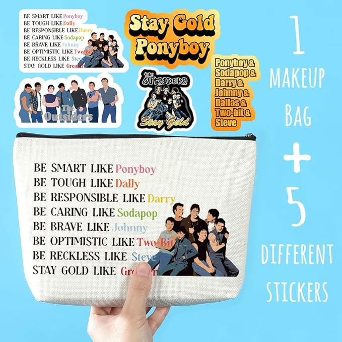 Azteoiz Fun Cosmetic Bag and 5 Stickers Keep Gold Pony-boy Gifts 80's Movie Out-siders Accessories Inspiration Birthday Christmas Gifts for Her Female Movie Lovers Be Smart Like Pony-boy Cosmetic Bag