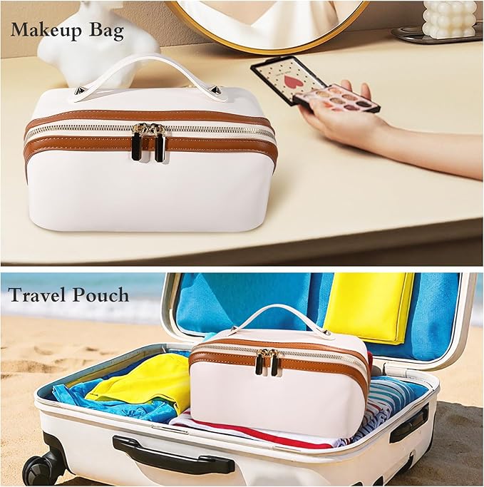 Abiudeng Travel Makeup Bag Large Capacity Toiletry Bag for Travel Essentials Open Flat Makeup bag Organizer with Divider and Handle-White