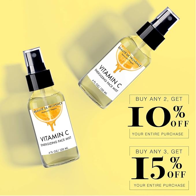 BEAUTE DE PROVENCE Vitamin-C Face Mist & Setting Spray for All Skin Types - Hyaluronic Acid, Aloe Vera & Rose Water - Skin Brightening, Anti-Aging, Moisturizing, Pore Minimizing - 4 Fl Oz