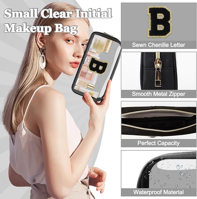Small Clear Personalized Initial Makeup Bag,Nylon Preppy A-Z Chenille Letter Patch Cosmetic Pouch Beach Toiletry Bag,Waterproof Zipper Travel Purse Storage Bag Organizer for Women Girls(Black-Black B)
