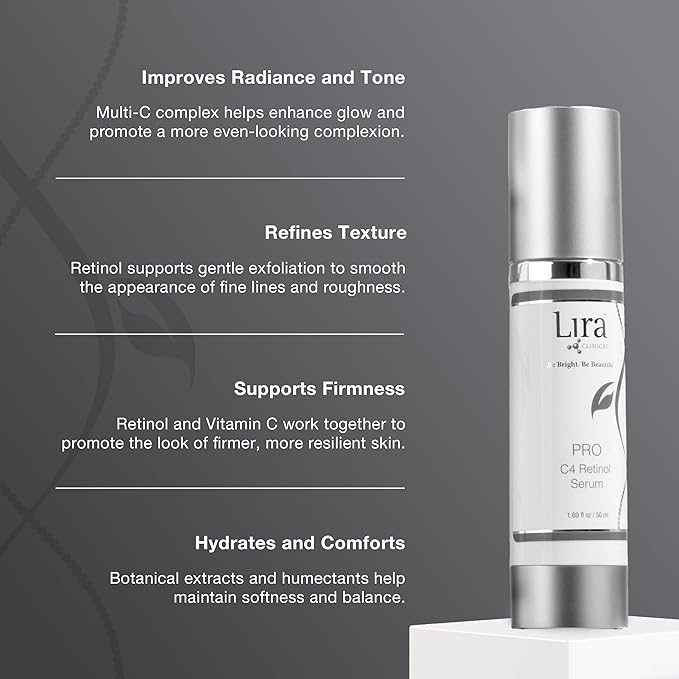 Lira Clinical PRO C4 Retinol Serum - Face Serum with Plant Stem Cells - Vitamin C Brightening Serum with Licorice and Olive Extract - 1.69 Ounce