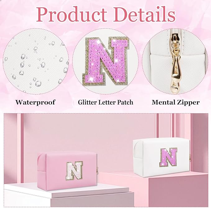 Glitter Initial Letter Makeup Bag, Small Personalized Sequins Letters PU Leather Cosmetic Bag Portable Waterproof Makeup Zipper Pouch, Shine Handbag Organizer Travel Bag Gifts for Women&Girls(White-N)
