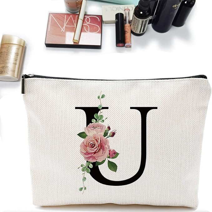 Initial A-Z Personalized Letter Makeup Bag, Monogrammed Bridesmaid Gifts Presents Cosmetic Bag, Portable Stationery Storage Organizer Pouch, Friendship Love Travel Makeup Bags