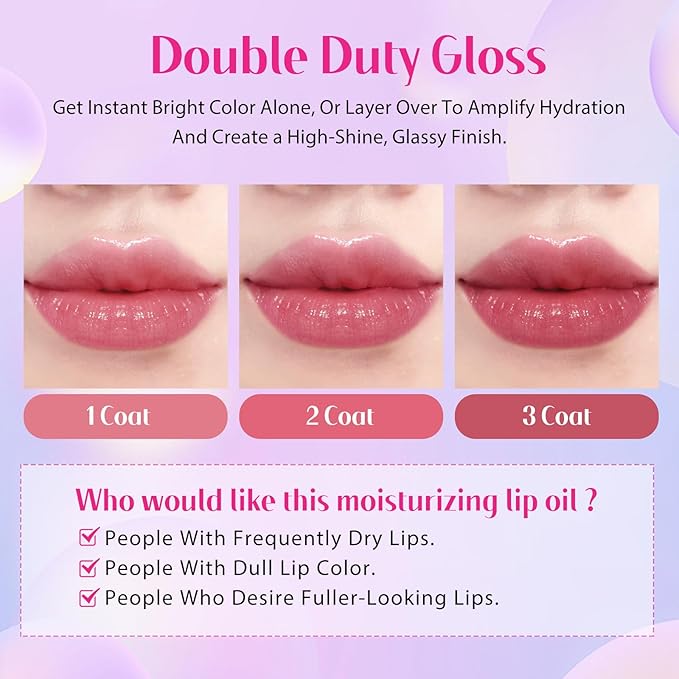 bayfree Tinted Lip Oil Stain Set, Hydrating High Shine Lip Gloss Set, Long-Lasting Bright Color Lipgloss for Dull Lips, Weightless & Non-Sticky, Vegan Korean Makeup, Crystal Finish