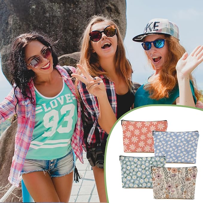4pcs Secret Santa Gifts Vintage Floral Makeup Bag, Daisy Flower Cosmetic Bag Garden Gifts for Women Female Girls Sister BFF Nature Lover, Travel Zipper Pouch Christmas Thanksgiving Birthday Gifts