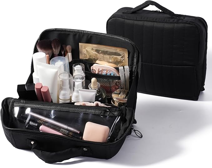 APT 1101 Standing Makeup Bag, Travel Makeup Organizer with Magnetic Fold-Down Design, Portable makeup Case with Compartments for Brushes & Tools (Black)