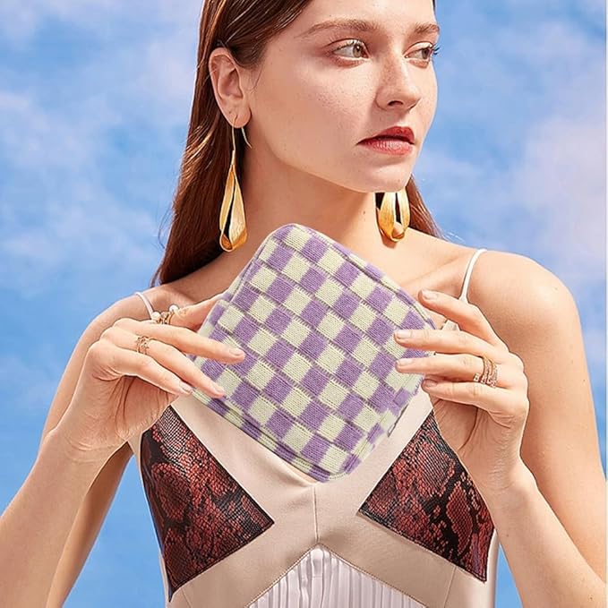 Small Purple Makeup Bag for Purse, Mini Checkered Cosmetic Bag Zipper Cute Make Up Pouch Travel Toiletry Bag Quilted Aesthetic Accessories Makeup Storage Bag Organizer for Women Girls