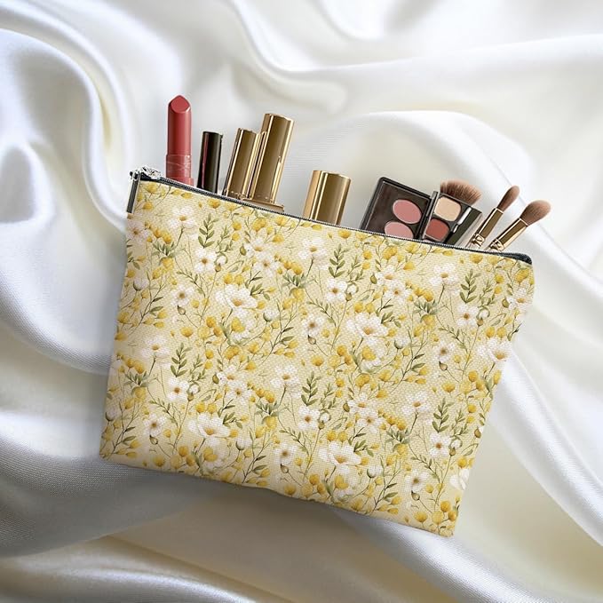 4 Packs Watercolor Pink Yellow Flowers Makeup Bag Floral Cosmetic Bag Friend Friendship Gifts for Women Girls Sister Boss Botanical Travel Organizer Zipper Pouch Christmas Thanksgiving Birthday Gifts