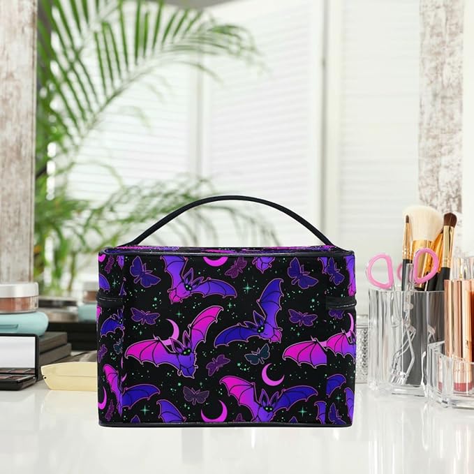 Goth Makeup Bag, Purple Bat Gothic Butterfly Makeup Organizer Bags Toiletry Bag Box Travel Cosmetic Bag Make Up Train Case for Women Teen Girl Ladies