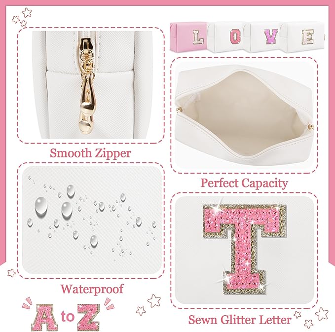 Personalized Initial Letter Makeup Bag, Small Preppy Glitter Cosmetic Pouch PU Waterproof Zipper Travel Toiletry Bag, Unique Patch Makeup Organizer Gift for Women Teen Girls(Letter T)
