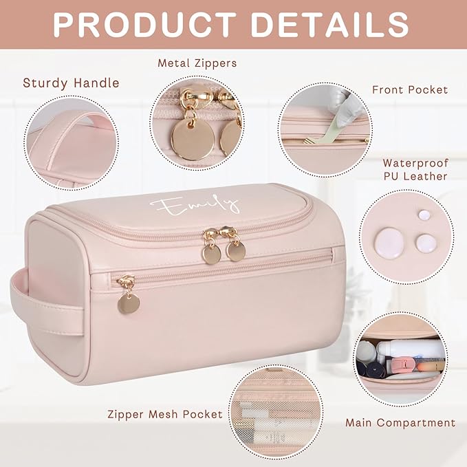 Personalized Makeup Bag for Women, Printed Initials Name Cosmetic Bag with Handle, Customized PU Leather Travel Toiletry Bag for Girls, Gifts for Bridesmaid, Daughter, Wife, Mothers Day