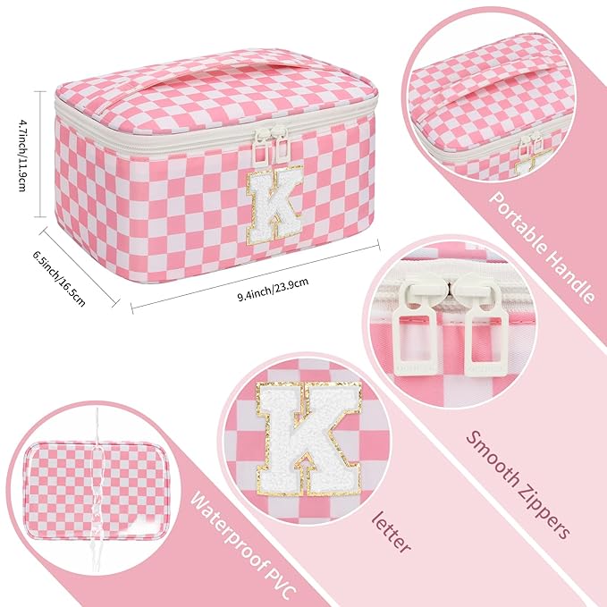 OCHEAL Makeup Bag for Women, Monogram Cosmetic Bag with Brush Holder, Pink Travel Makeup Case Beauty Toiletry Bag Organizer Personalized Gifts for Girls Bridesmaid, Sister, Wife, Friends Initial K