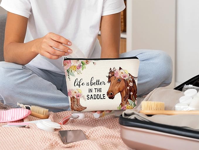 Western Horse Boots Flower Life is Better in the Saddle Funny Farmhouse Cosmetic Bag Makeup Bag Best Gift Idea for Horse Lovers Girls Women,Horse Owners Gifts,Birthday Christmas 's Day Gift