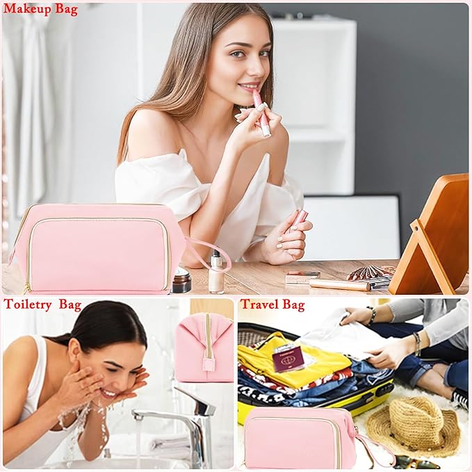 Travel Makeup Bag, Wide-open Cosmetic Bag Make Up Organizer Case with Brushes Pocket for Women, Large Family Toiletry Bag Skincare Pouch for Toiletries Accessories