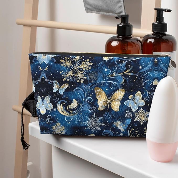 Womens Leather Makeup Bag Cosmetic Bag Travel Toiletry Bags Make Up Bags for Women Adult (Christmas Snowflakes Butterfly-21)