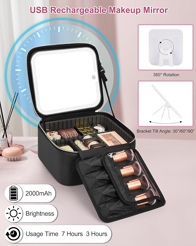 Relavel Initial Makeup Bag with LED Mirror for Women Girls, Personalized Travel Cosmetic Organizer Train Case, Birthday Gifts for Grandkids Bridesmaid Graduation Teacher Friends, Trendy Stuff, Black S