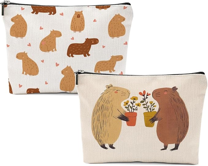 Capybara Gifts, 2 Pcs Cute Makeup Bag, Capybara Stuff Cosmetic Bag Travel Pouch, Friendship Graduation Birthday Animal Lovers Gifts for Women Girls Daughter Friend Niece Sisters