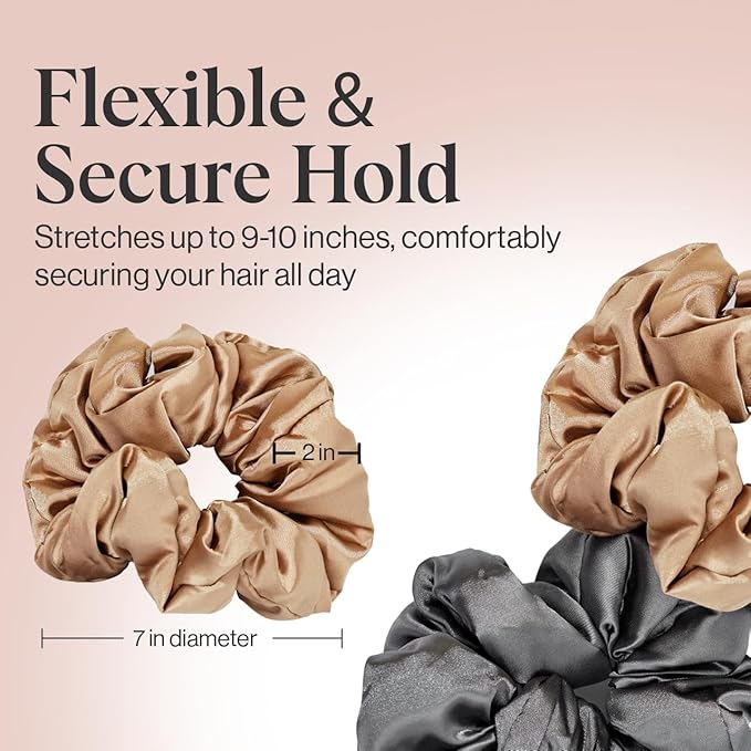 Kitsch Satin Scrunchies for Women - No Crease Hair Ties for Girls | Big Scrunchies for All Hair Types and Textures, Perfect for Day or Night | Ideal Gifts for Women - 2 Pcs, Charcoal and Gold