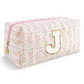 Personalized Quilted Cosmetic Bag, Puffy Monogrammed Christmas Birthday Gifts for Women & Girls, Cute initial Floral Makeup Bag Puffer Coquette Bag, Aesthetic Travel Toiletry Zipper Pouch(Pink,J)