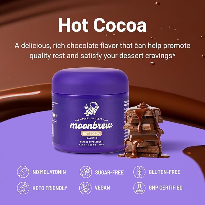 MoonBrew Nighttime Magnesium Hot Cocoa Jar, Natural Sleep Aid Drink Mix for Adults - Calming Melatonin-Free Sleep Support - Sleepy Hot Chocolate Powder with L-Theanine, Chamomile & Zinc Glycinate