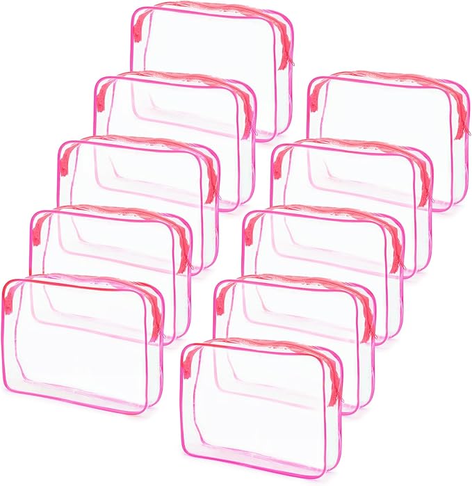 Tbestmax 10 Pack Clear Cosmetic Bags Makeup Bags Portable Waterproof TSA Approved Travel Toiletry Bags Large Organizer Rose Red, 9.8" x 7.1" x 2.4"