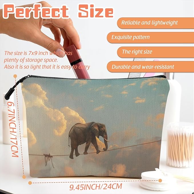 Cosmetic Bags Travel Makeup Toilet Case Waterproof Pouch for Women Girls 6.7X9.45inches - Elephant'S Aerial Adventure on A Thin Rope
