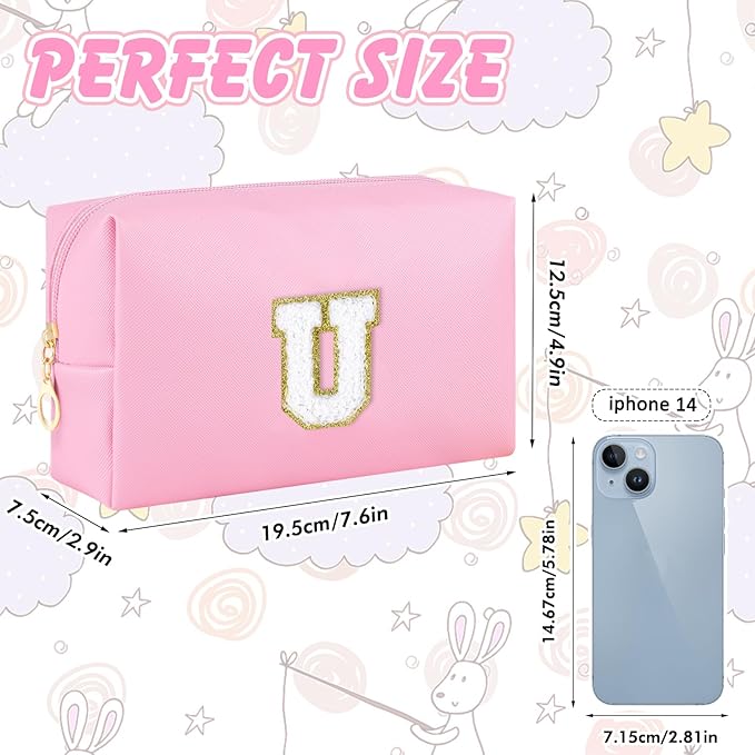 Initial Makeup Bag Personalized Preppy Travel Small Cosmetic Bag Cute PU Pink Chenille Letter Makeup Pouch for Purse Waterproof Zippered Toiletry Organizer for Women Girls Kids Friends(U)