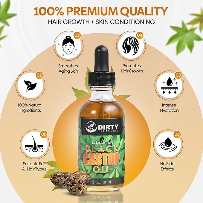 Dirty Treasures Organic Jamaican Black Castor Oil, Hexane Free, Premium Pure Black Castor Oil for Hair Growth and Skin Conditioning - 2oz
