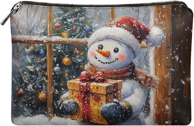 COEQINE Travel Pouch for Women Leather Cute Snowman Purses Travel Cosmetic Bag Soft Portable Cosmetic Face Brushes Holder Large Travel Makeup Brush Case for Womes Christmas Gifts