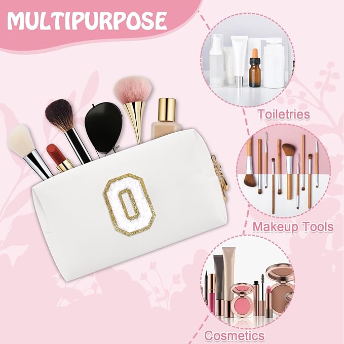 Small Cute Initial Preppy Makeup Bag, Personalized Cosmetic Zipper Pouch Toiletry Bags for Traveling, Waterproof PU Chenille Letter Makeup Case Organizer Travel Essentials for Women Girl(Letter O)
