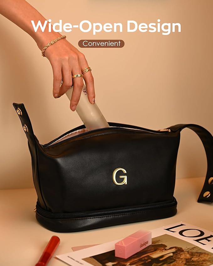 Initial Cosmetic Bags Personalized Bags with Handle, Waterproof Double Layer Makeup Bag, Large Capacity PU Leather Makeup Bags Letter Travel Toiletry Bag with Makeup Brush Organizer
