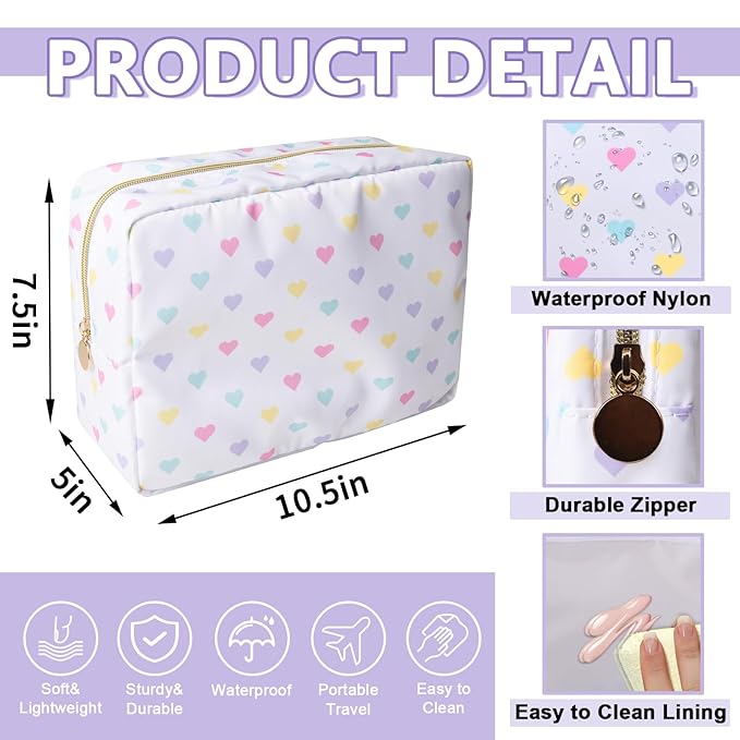 Large Makeup Bag Pouch, Nylon Women Travel Toiletry Storage Bag Big Makeup Organizer Bag for Girls, Preppy Cosmetic Bag Cute Zipper Pouch Skincare Bag for Sport School Work Gift(Large-White Heart)