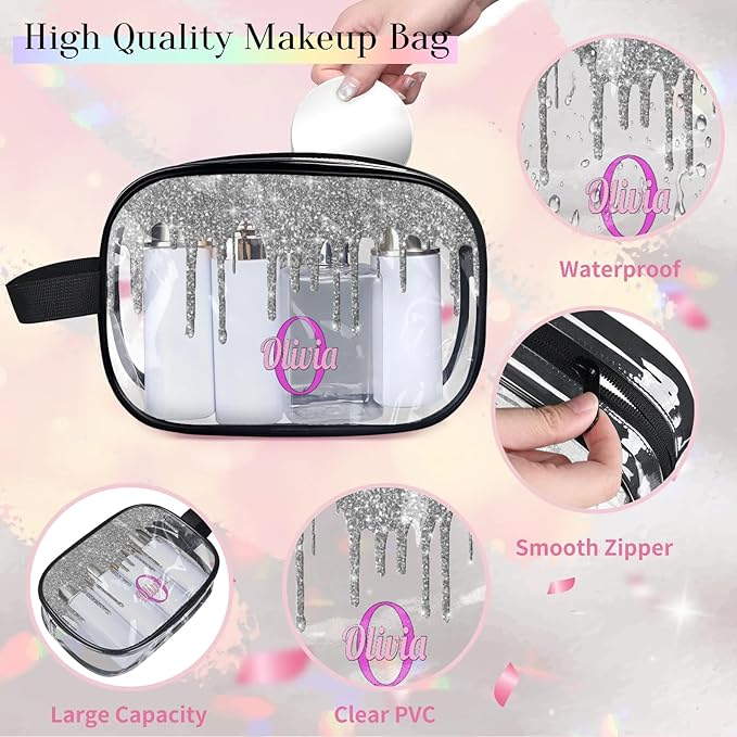 Custom Name Makeup Bag Travel Bag, Clear Toiletry Bag Travel Large Capacity Cosmetic Container Organizer for Shampoo, Shiny Stars Water Fluid Shape Silver Glittering
