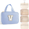 TOPEAST Travel Toiletry Bag for Women - Hanging Toiletry Bag Makeup Bag, Portable Toiletries Cosmetic Bag, Airplane Travel Essentials - Letter V, Blue