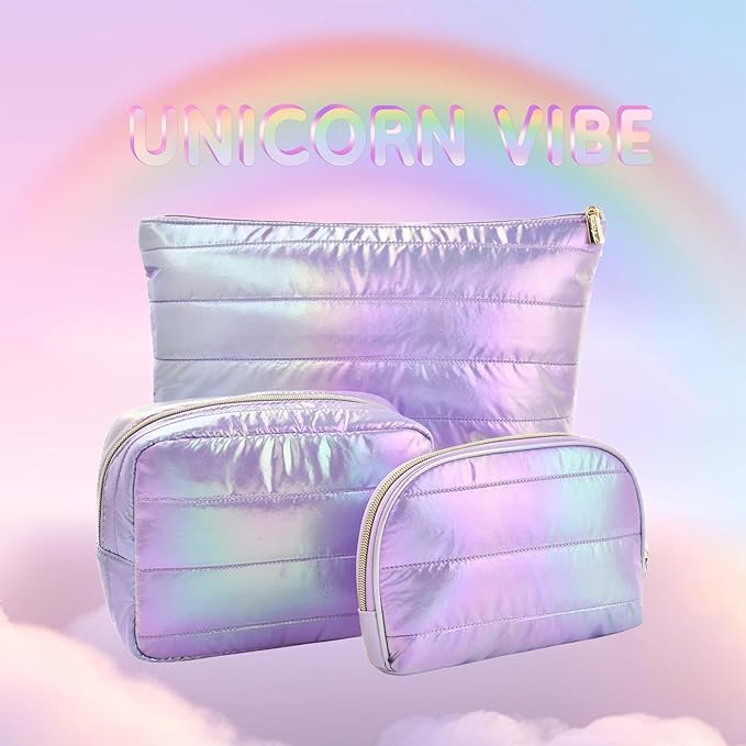 Hiroyuki Iridescent Quilted Makeup Bag, 3pcs Cute Makeup Bag Set, Large Capacity Cosmetic Organizer Travel Toiletry Pouch (plain, purple)