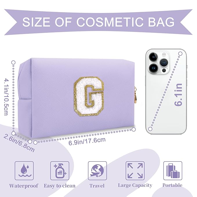 Personalized Makeup Bag Initial A-Z Preppy Patch Bag,Small PU Leather Travel Cosmetic Bag Pouch with Zipper,Purple Cute Toiletry Bag,Gift Ideal for Teen Girls Women Birthday Friend Mom,Latter G