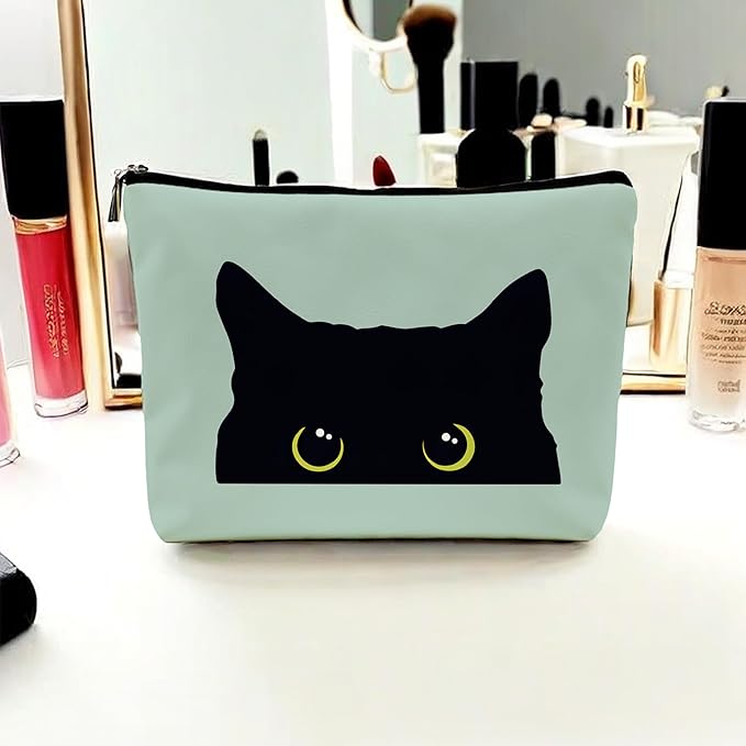 Black Cat Makeup Bag – Cute Cosmetic Pouch Travel Toiletry Bag, Zipper Organizer for Women Girls, Multifunction Cat Lover Gift Purse (Greener Pu Leather)